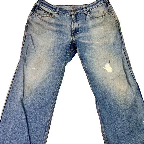 Duluth Trading Jeans Mens 38x30 Medium Wash Blue Gusset Distressed - Picture 3 of 12